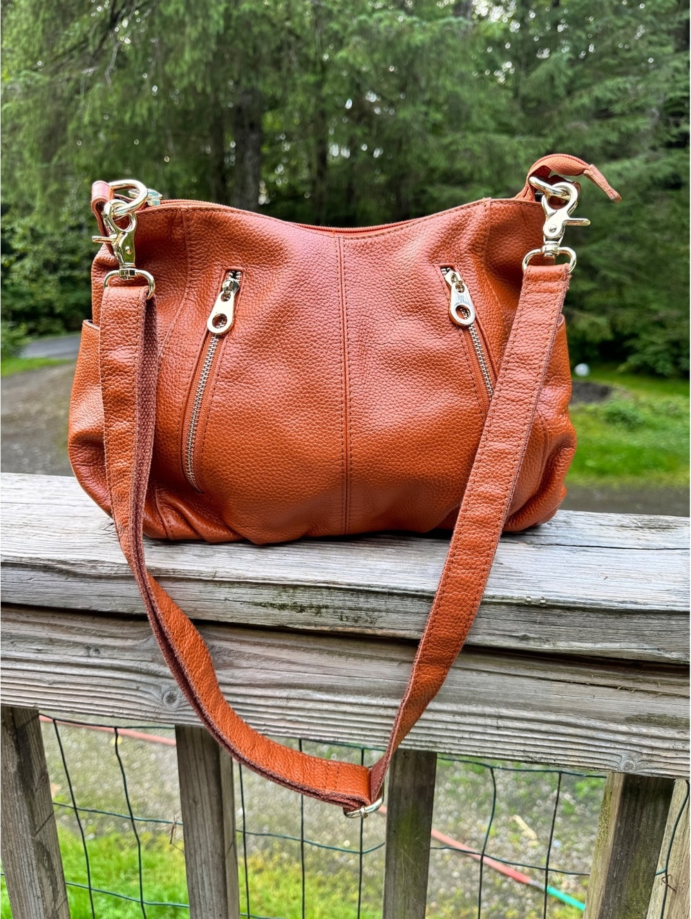 Brown pleather Shoulder Bag with Multiple Zipper Pockets